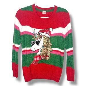 Girls Holiday Time Christmas Sequined Unicorn  Striped Sweater Large 10-12